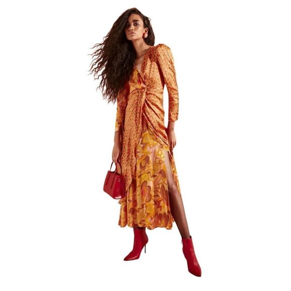CeliaB Kazbek Long Puff Sleeve Printed Midi Dress Multicolor Women's Size Large - Picture 1 of 11